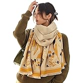 First Choose Women's Blanket Chunky, Pashmina Shawls Wraps Oversized Winter & Fall Warm Scarfs Soft Cashmere Feel for Women (Beige Yellow-Plant)