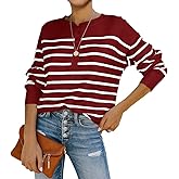 Womens Striped Henley Sweaters Soft Lightweight Long Sleeve Crew Neck Loose Fit Knit Pullover Tops