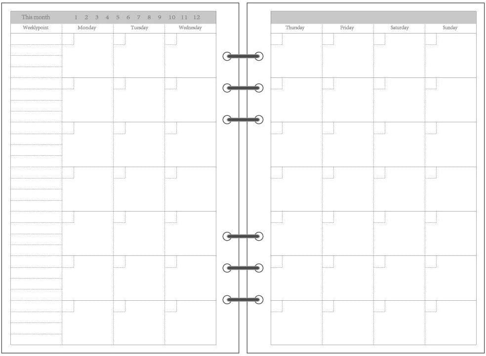DEBON A5 Size 6-Holes Loose Leaf Binder Paper Refills Set for Planner Journal Notebook Daily Weekly Monthly Undated Inner Papers DIY Refillable Agenda Schedule 2 Packs / 90 Sheets (Monthly Plan)
