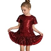 Girls Sparkly Red Sequin Party Dress, Flutter Sleeve Dress with Ruffle Hem for Birthday, Pageant, Holiday, Special Occasion
