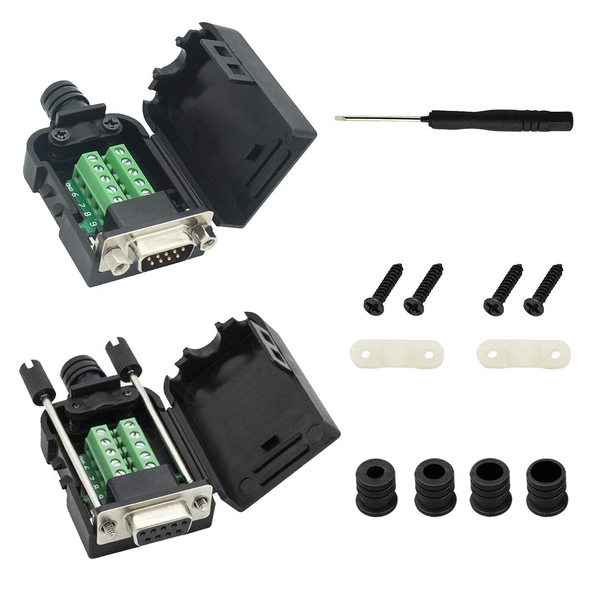 Youmile 2PCS DB9 D-SUB Connector 9Pin Male And Female 2 ROW Terminals Adapter Breakout PCB Board For DIY With Slotted screwdriver + Wire Cover