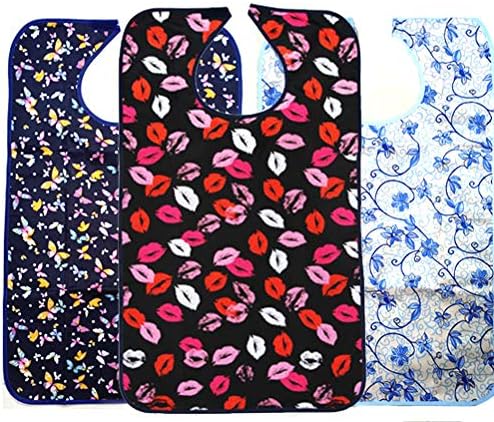 JINTAOFA Adult Bibs, Senior Citizens Bibs Dining Clothing Protectors, Adult Mealtime Protector, Patient Bibs, Adult Waterproof Washable Bibs, Lip Butterfly Pattern Flower 3 Pack