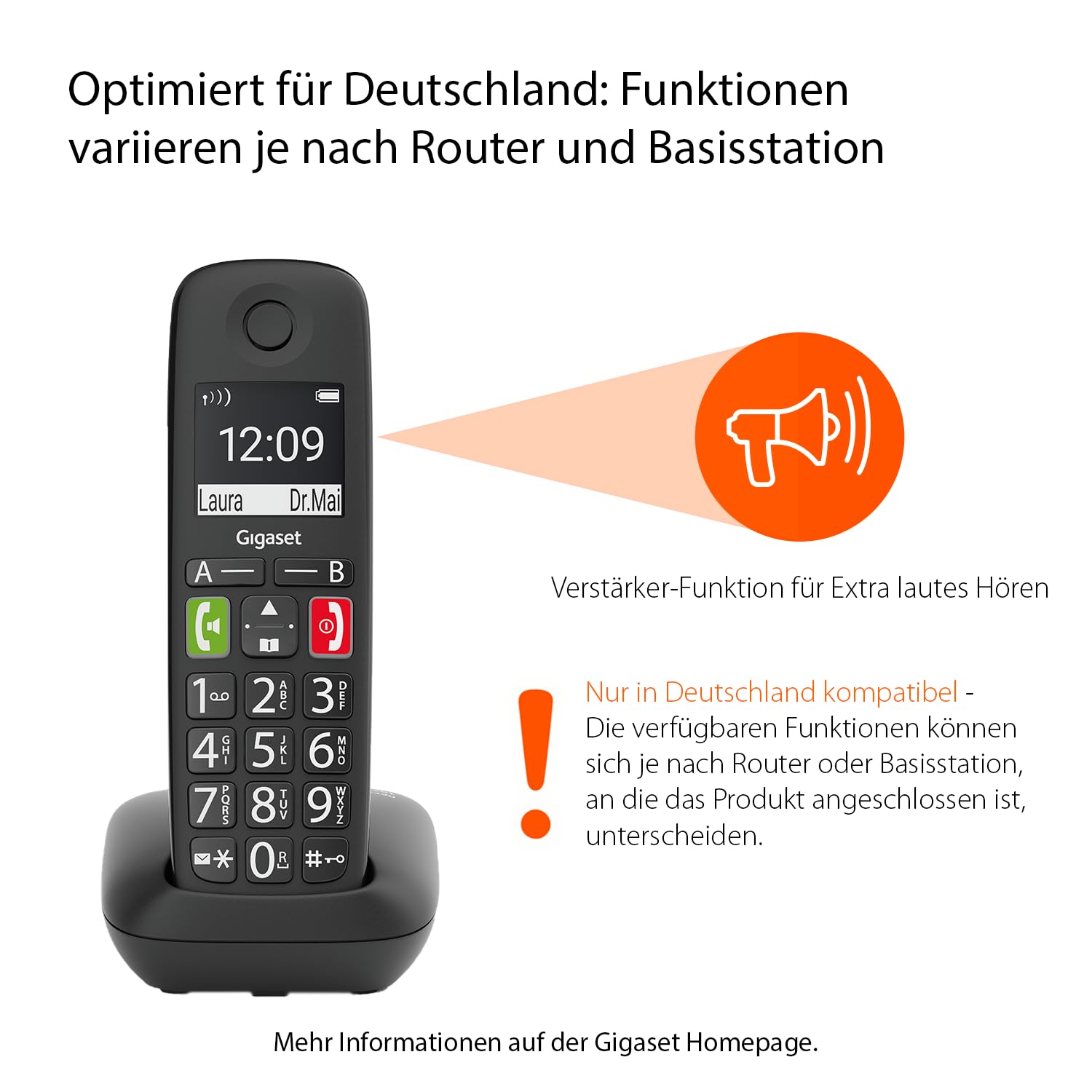 Gigaset E290 - Schnurloses Senioren-Telefon ohne Anrufbeantworter mit großen Tasten - Zielwahltasten für wichtige Nummern, Verstärker-Funktion für extra lautes Hören, schwarz [Deutsche Version] 2
