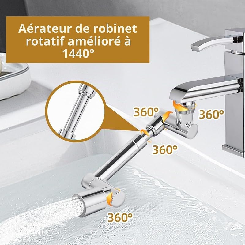 Embout de robinet rotatif, rallonge de robinet multifonction rotatif à 1440 °, avec 2 adaptateurs réglables, rallonge de robinet pour salle de bain et cuisine — photo 3 sur 7