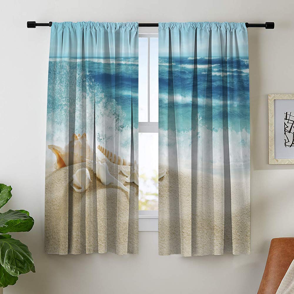 Misscc Room Darkening Blackout Curtains for Bedroom Living Room Kitchen Cafe, Landscape with Shells on Tropical Beach and Splashing Waves, 42 x 63 Inch Light Blocking Print Window Curtains (2 Panels)