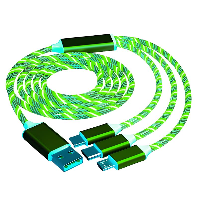 Photo 1 of DHBY 3In1 Multi Ports USB Charger Cable USB A to Micro USB/Type C PD Fast Charging Cord Light Up LED Current Flow to be a Night Light Compatible with Almost All Kinds of Cell Phones-3in1 Green
