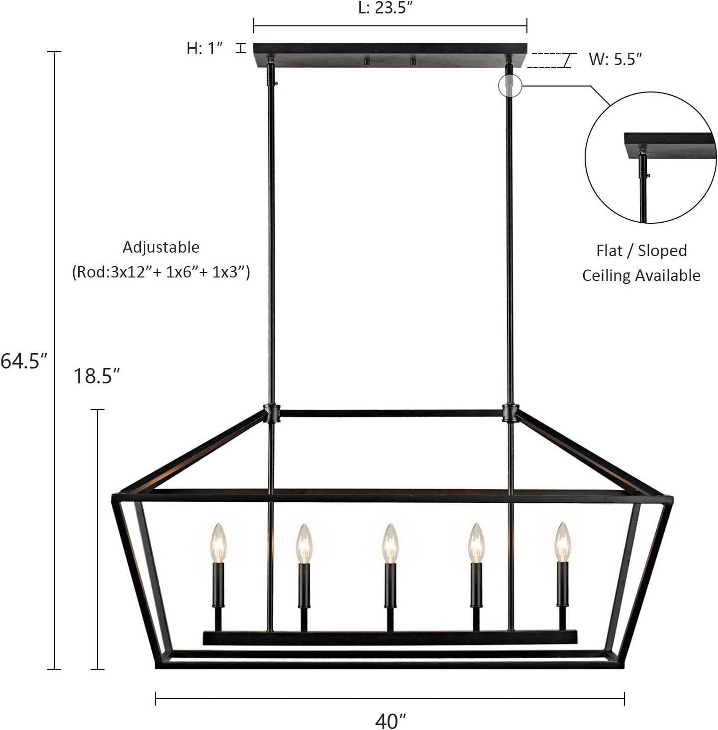 MOTINI 5-Light Kitchen Island Lantern Pendant Linear Chandelier Black Rod Hanging Light 40"x 12"x18.5" - - 