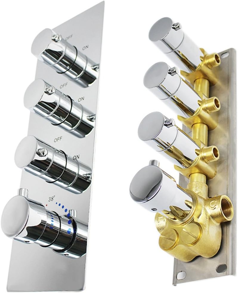 HOMEDEC 3-Outlet Modern Shower Diverter Valve Thermostatic Mixer Solid Brass with Chrome Trim for Bathoom Shower System (Concealed Vertical installation, 4 Round Handles)