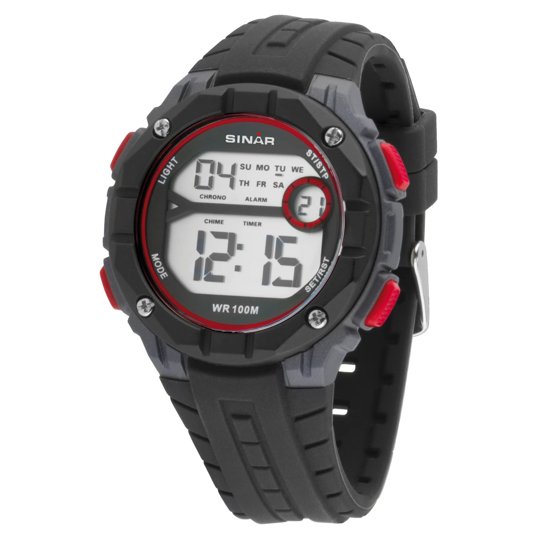 SINAR Boys' Watch, Men's Watch, Youth Watch, Sports Watch, Outdoor Digital Quartz, 10 Bar, with Silicone Strap and Light, Black, Grey, Red, XE-56-4, black, Strap