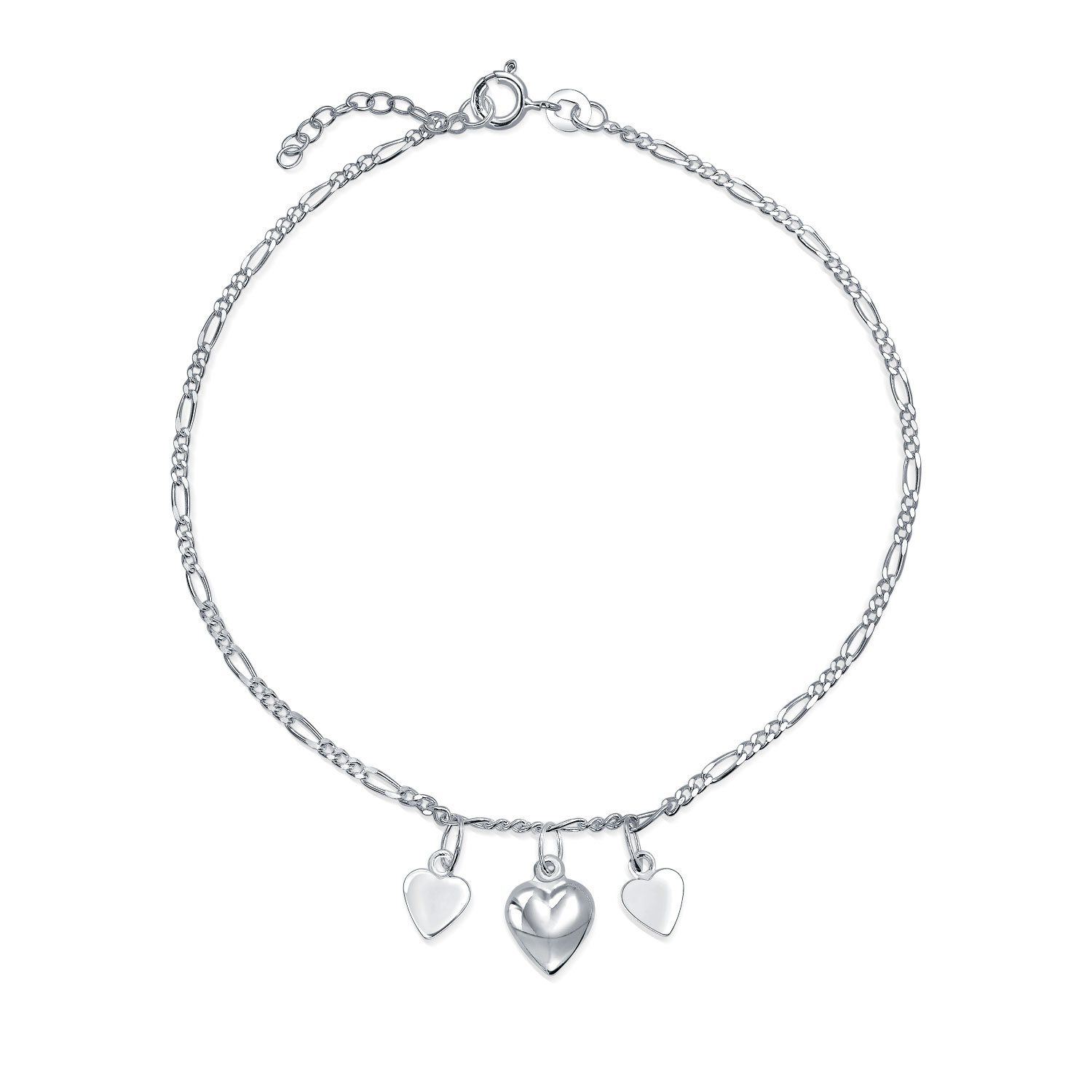 Bling Jewelry Three Multi Dangling Hearts Charms Anklet Ankle Figaro Bracelet For Women .925 Sterling Silver Adjustable 9 To 10 Inch With Extender
