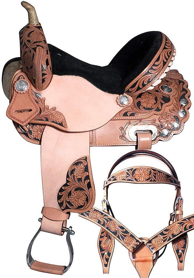 ME Enterprises Premium Leather Western Barrel Racing Horse Saddle Tack Get Matching Leather Headstall, Breast Collar, Reins Size 14" to 18" Inches Seat Available