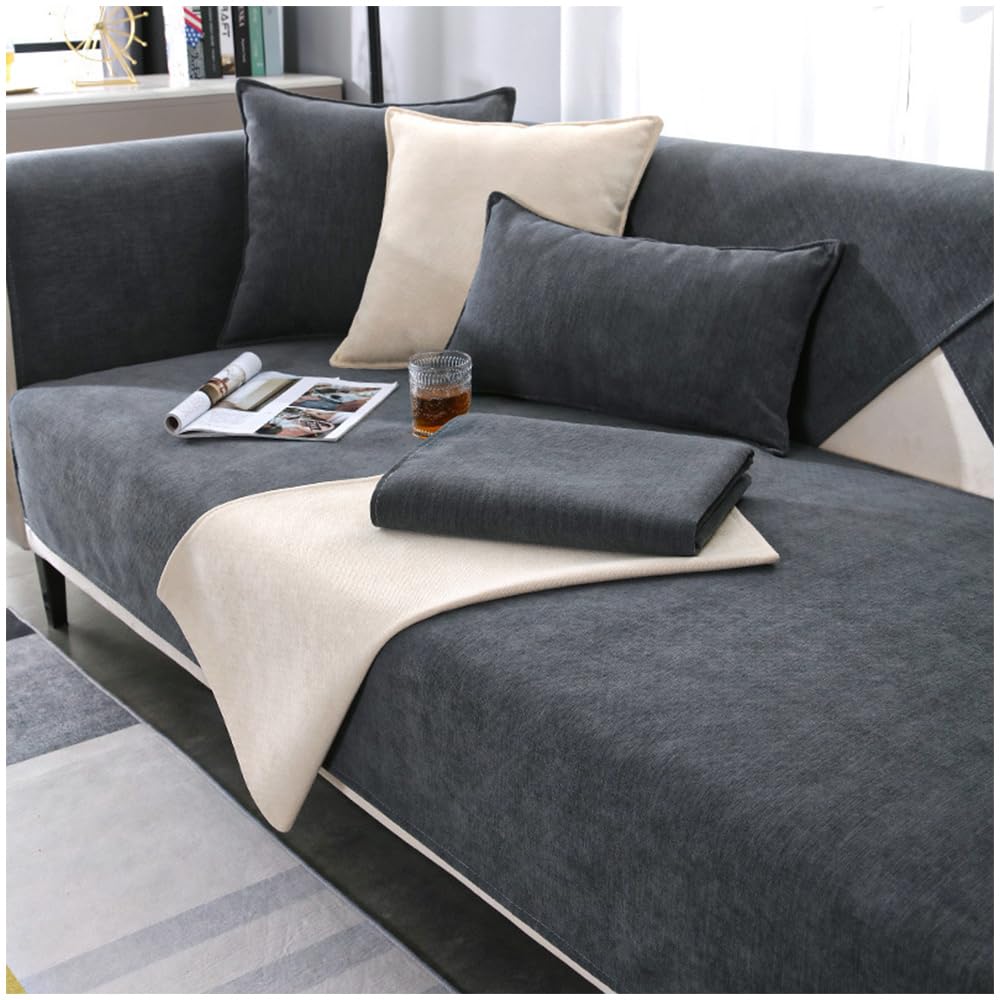 NUODWELL Soft Chenille Sofa Cover 1/2/3/4 Seater, Non-Slip Corner L Shape Sofa Slipcovers Thick Textured Sofa Cushion Covers Washable Furniture Protector for Living Room (Dark Grey, 90x210cm)