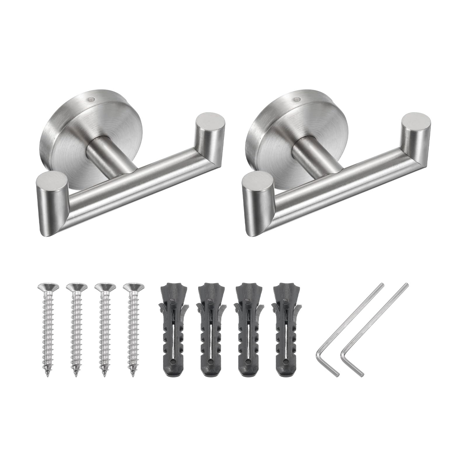 PATIKIL Double Towel Hook, 2Pack Stainless Steel Wall Mounted Hanger Round Towel Holder for Hanging Bathroom, Bedroom, Dormitory, Hang Towel, Clothes, Coat, Robe, Hat, Silver Tone