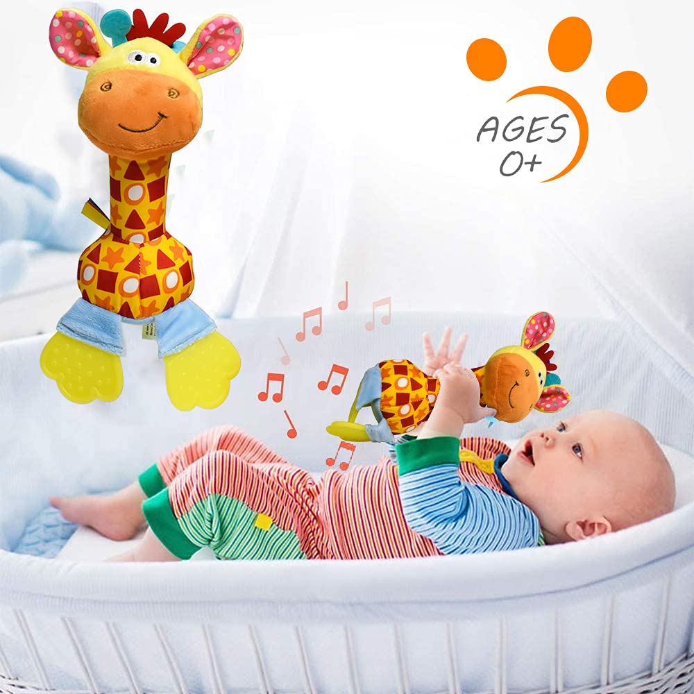 HUADADA Baby Soft Rattles Shaker, Infant Developmental Hand Grip Toys, Sensory Learning Toys with Teether, Sounds for Baby, 3-6-9-12 Months Old