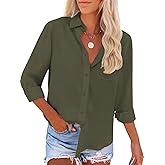 IPMQ Womens Button Down Shirts Cotton Linen Long Sleeve Dress Shirts Casual Summer Tops Work Blouses with Pockets
