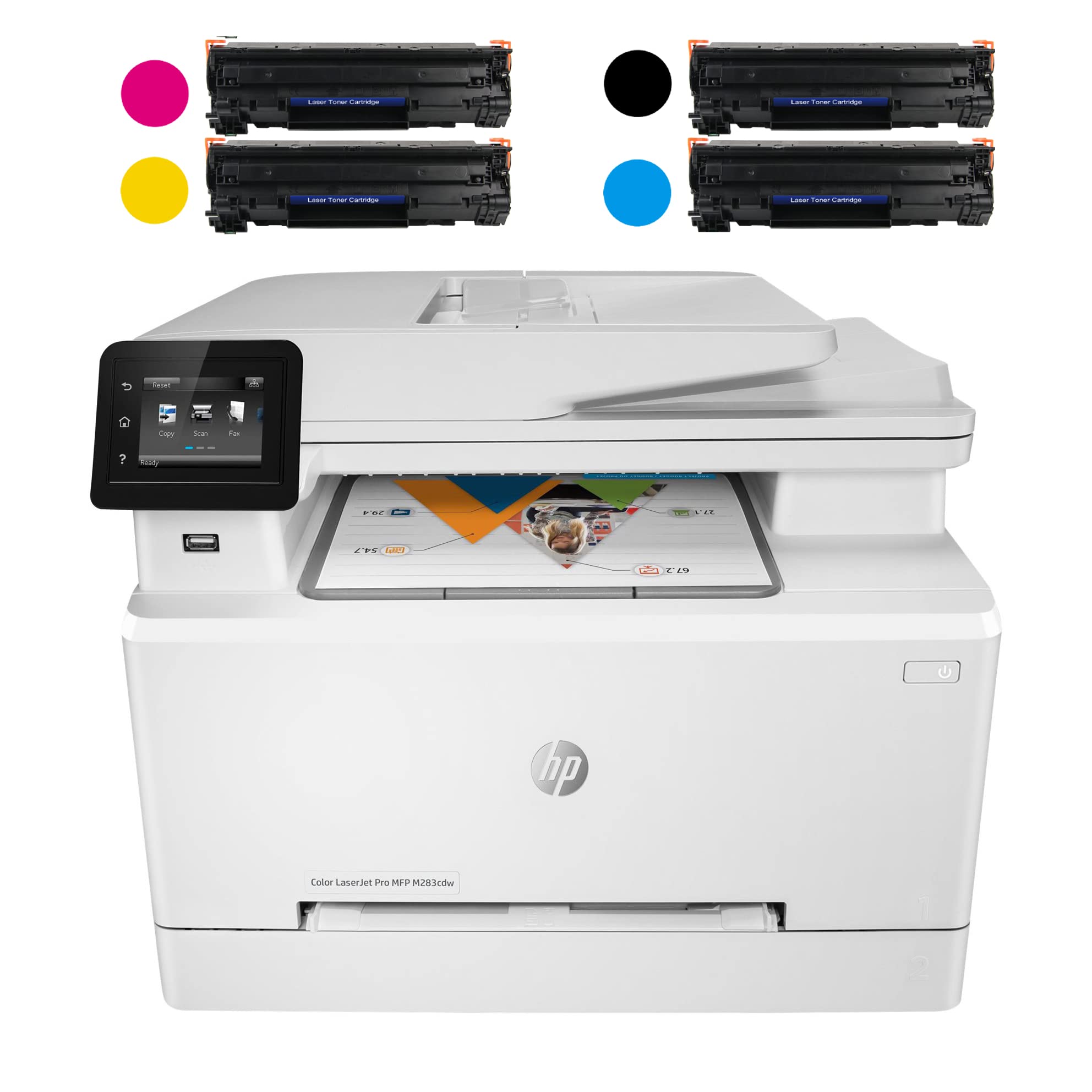 Photo 1 of HP Laserjet Pro MFP M283 cdw All-in-One Wireless Color Laser Printer, White - Print Scan Copy Fax - 22 ppm, 600 x 600 dpi, 8.5 x 14, 50-Sheet ADF, Auto Duplex Printing, Ethernet