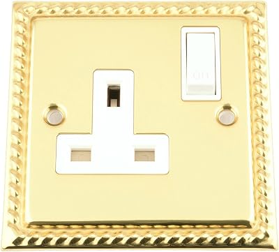 A5 Products Polished Brass Georgian 1 Gang 13A Single Wall Plug Socket White