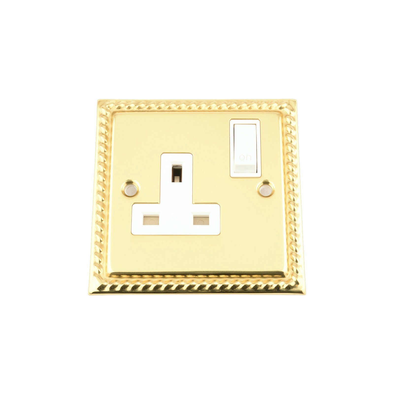 Socket 1 Gang - Polished Brass Georgian - White Insert Plastic Switch - 13A Single Wall Plug Socket