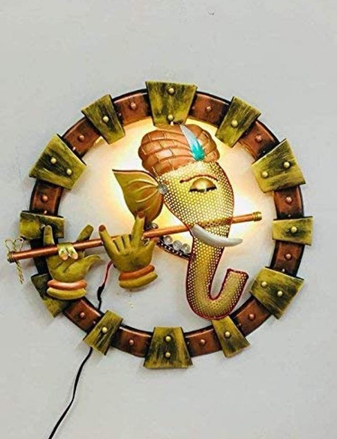 ART HOUSE Handicraft Iron Round Wall Hanging Ganesha Frame with LED