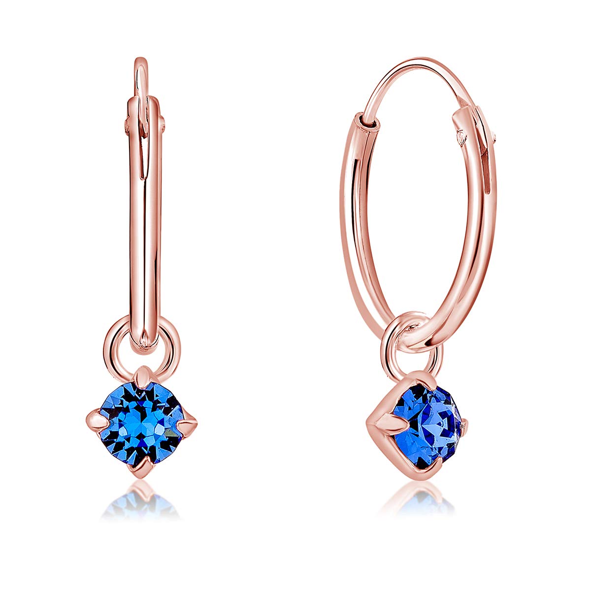 Rose Gold Earrings with Sapphire Dangling Crystal - 925 Sterling Silver Hoops Gold Plated 18K with Round Crystals - Classic Elegant Hypoallergenic Earrings for Sensitive Skin