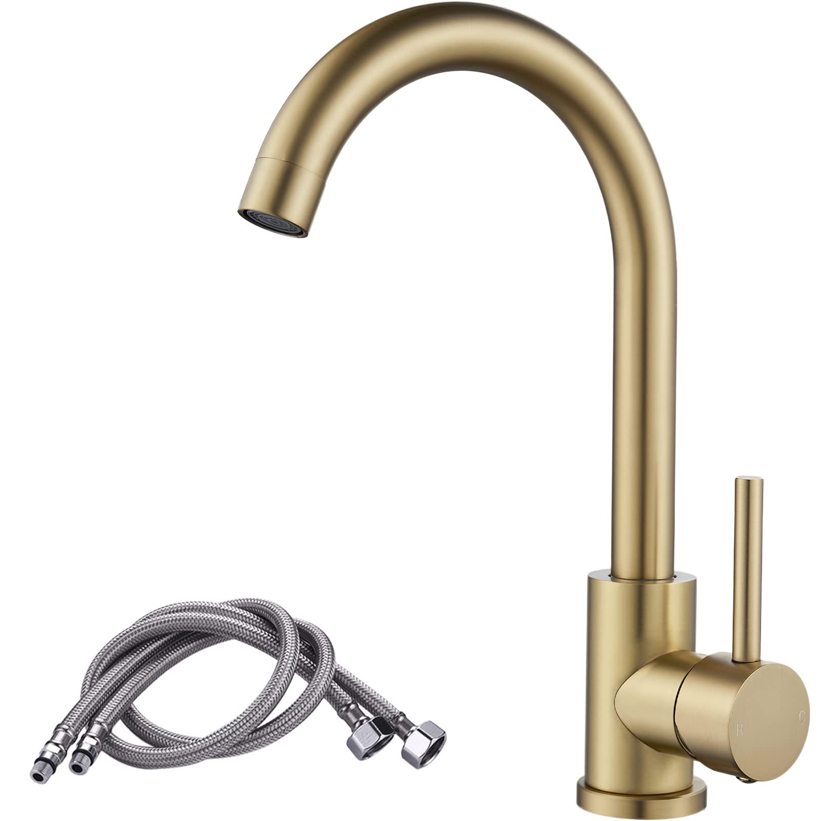 Brushed Gold Kitchen Tap, Swan Neck Single Lever Kitchen Sink Mixer Taps with Swivel Spout and Hoses, NewEast Monobloc Tap