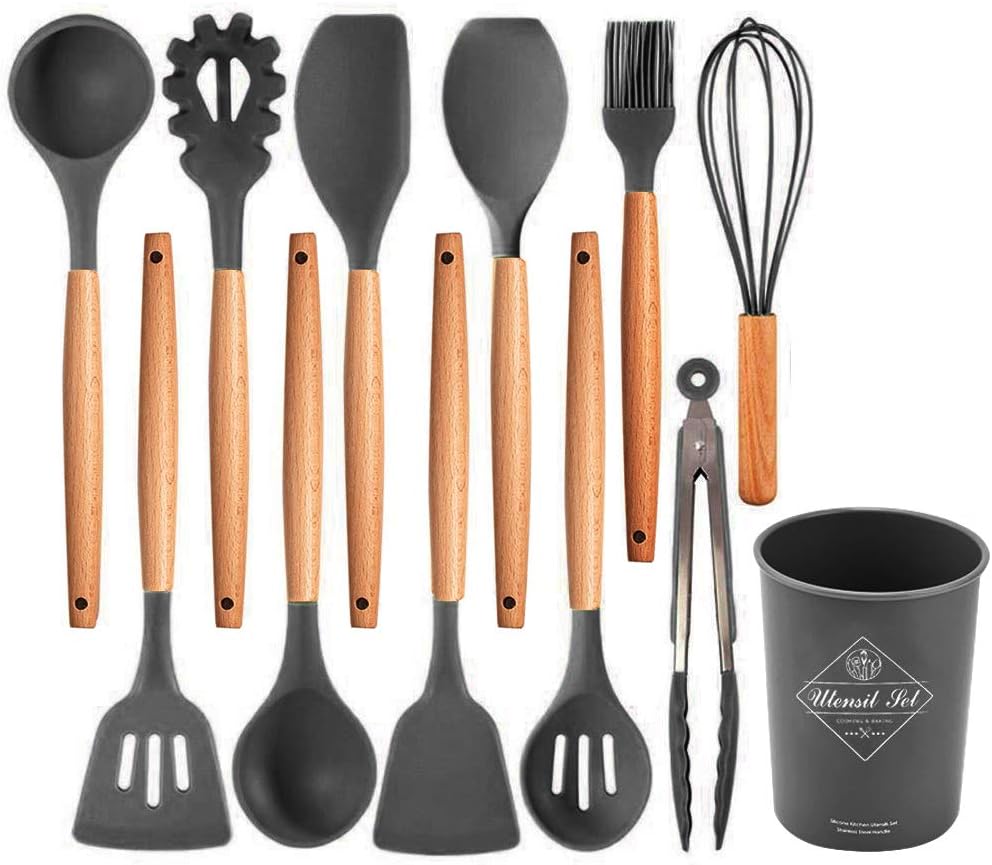 Kitchen Utensil Set, Silicone Cooking Utensils 12 Pcs Kitchen Tools with Natural Wooden Handles for Home Household Apartment Essentials Nonstick Cookware Tongs Spatula Spoon Set(Gray)