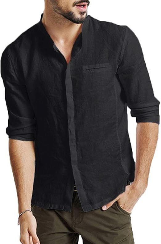 Mens Linen Button Down Shirts 3/4 Sleeve Banded Collar Regular Fit Tops