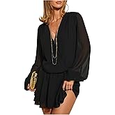 MakeMeChic Women's Deep V Neck Lantern Sleeve Mini Dress Ruffle Tiered Party Cocktail Short Dresses