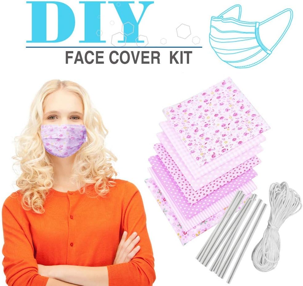 Cotton Craft Fabric Bundle Patchwork Squares Quilting Sewing Patchwork Different Pattern Cloths DIY Scrapbooking Artcraft,7 Pieces/Pack w/10 x Face Cover Metal Wire (Pink)