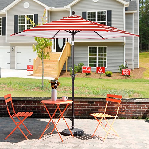 LCH 9Ft Patio Outdoor Umbrella Backyard Garden Market 1.5" Aluminum Pole 6 Ribs Umbrella with Push Button Tilt and Crank (Stripe Red)