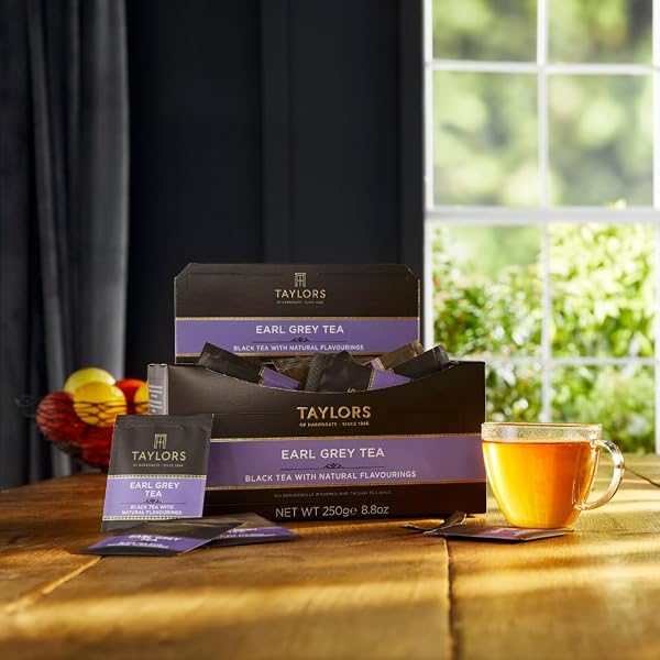 TAYLORS OF HARROGATE EARL GREY, BLACK TEA, INDIVIDUALLY WRAPPED BAGS, 100 COUNT (PACK OF 1), FRAGRANT, DELICATE & LIGHT, CAFFEINATED, ENJOY HOT OR ICED, 100 TEABAGS
