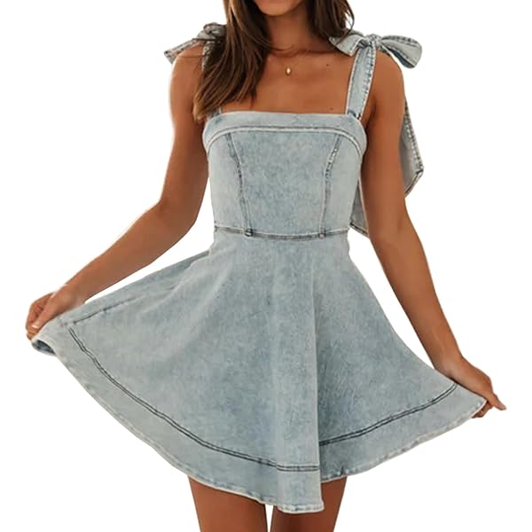 white christmas dresses Beau Blue Bow Detail Spaghetti Straps Ruffle Hem Denim Short Dress