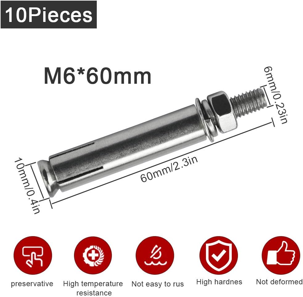 M6 X 60mm 304 Stainless Steel Expansion Bolt Set – 5-Pack For Concrete, Masonry, Ceilings & Fencing