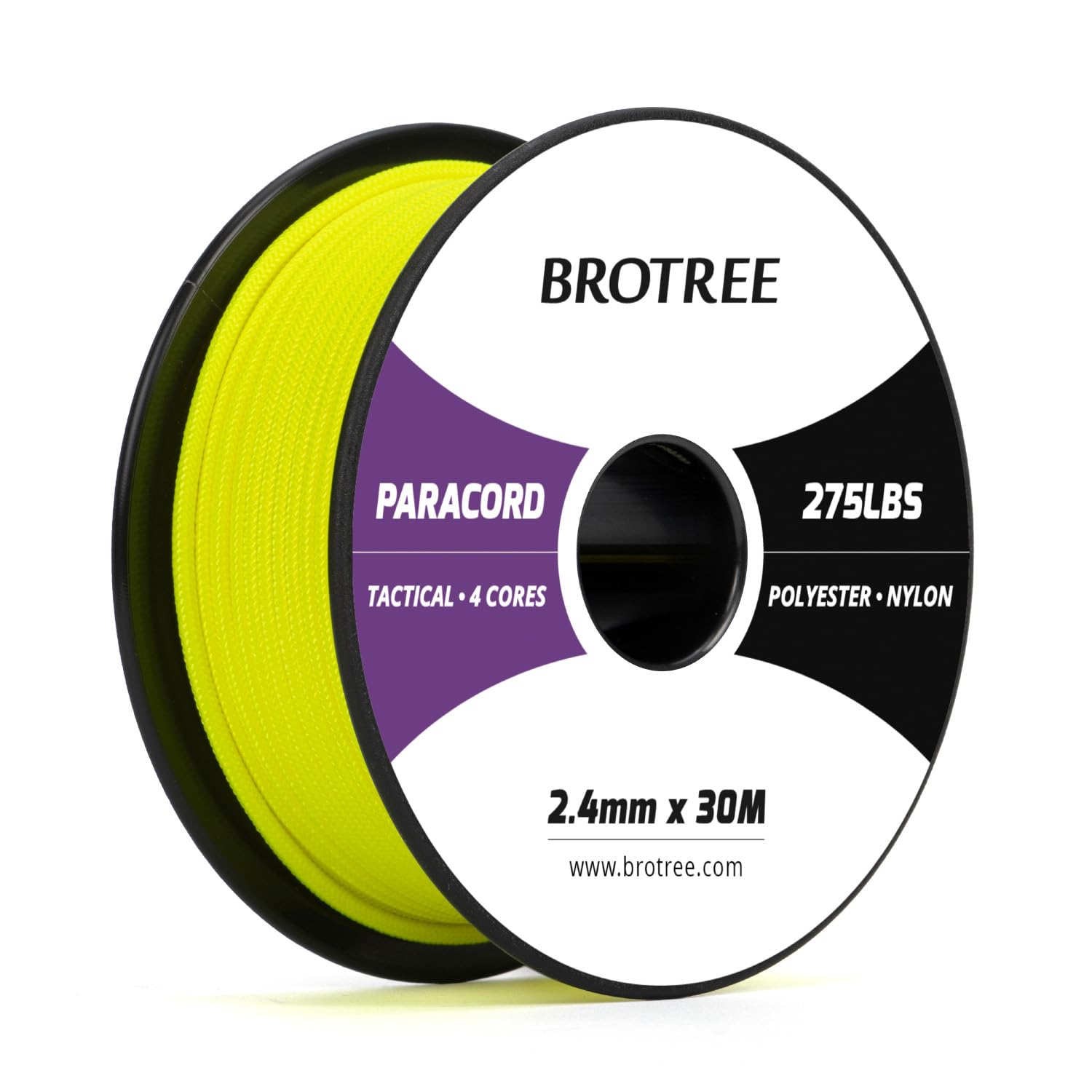 Brotree 275 Paracord 2.4mm Tactical Cord 30M Nylon Rope 4 Strands Parachute Cord for Outdoor, Craft, DIY - 125kg Breaking Load (Neon Yellow)