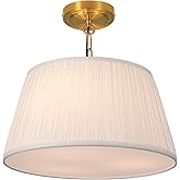 Electro bp; 15”Dia White Pleated Fabric Drum Shade Ceiling Light Fixture Farmhouse Brocade Linen Cone Shape Close to Semi-Flu