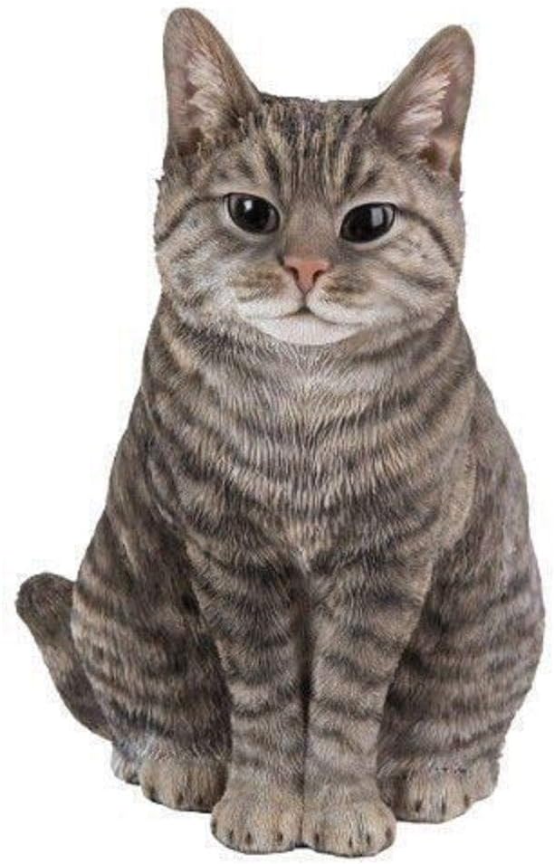 Lifelike Sitting Cat Tabby, Grey, approx. 30cm tall x 23cm wide x 16cm deep