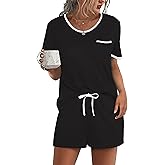 Ekouaer Pajama Set for Women 2 Piece Lounge Set Short Sleeve Tops and Shorts Soft Sleepwear, Chest Pocket