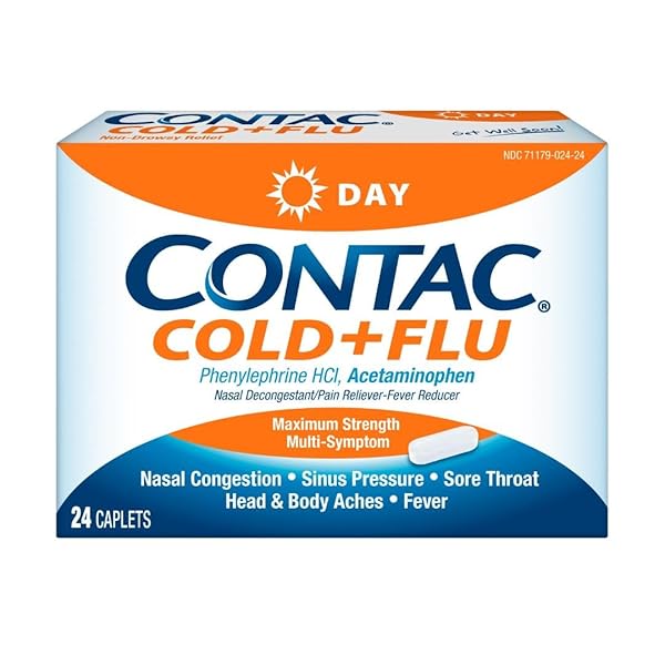 CONTAC COLD & FLU MEDICINE, NON-DROWSY, POWERFUL MULTI-SYMPTOM DAYTIME RELIEF FOR NASAL CONGESTION, SINUS PRESSURE, HEADACHE, FEVER, SORE THROAT, MINOR ACHES AND PAINS, 24 CAPLETS