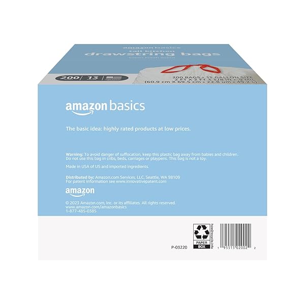 AMAZON BASICS SCENTED TRASH BAGS, TALL KITCHEN DRAWSTRING, CLEAN FRESH SCENT, 13 GALLON, 200 COUNT, PACK OF 1
