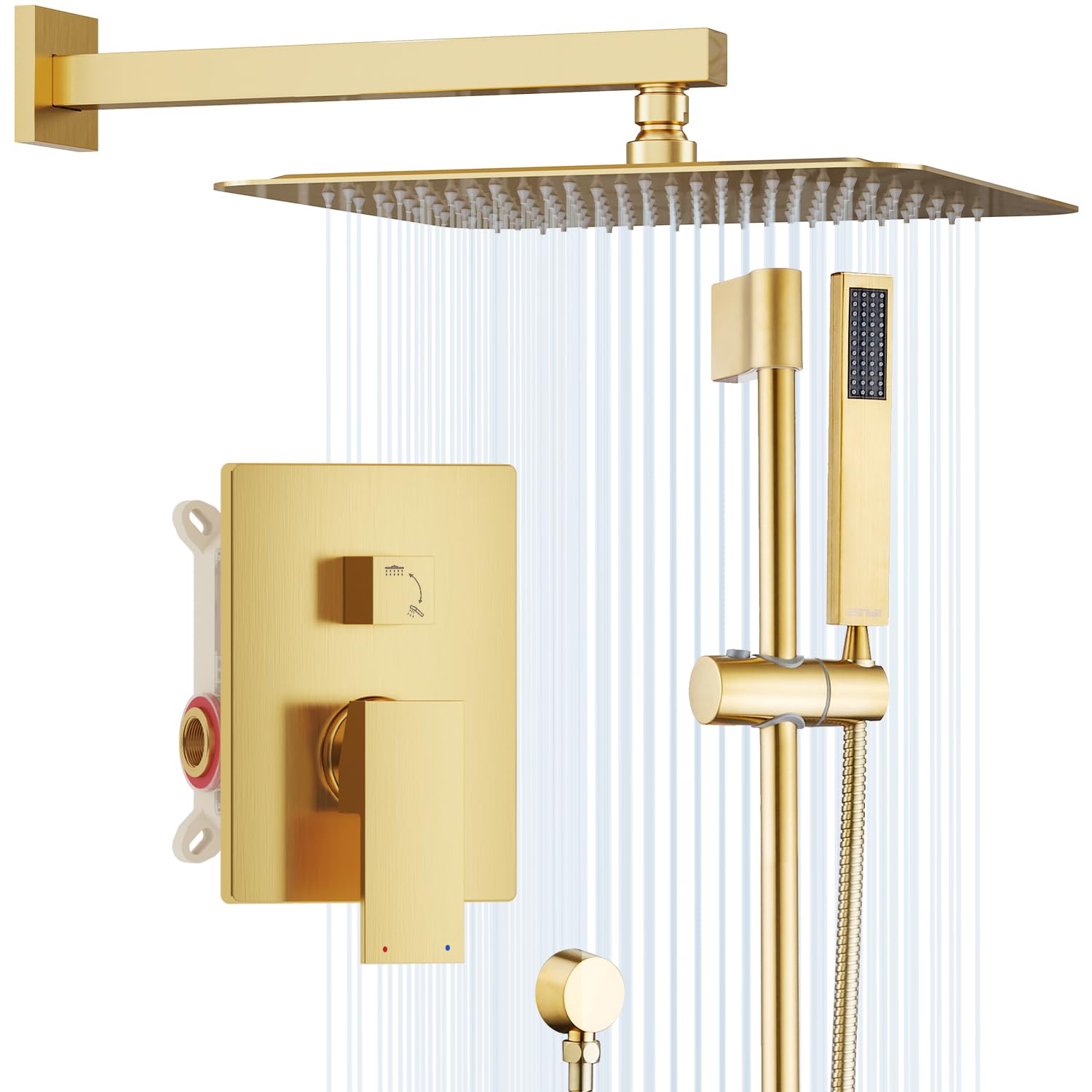 Photo 1 of ESNBIA Shower System Gold, Wall Mounted Slide Bar Shower Faucet with 10 Inches Rain Shower Head and Handheld Spray Combo, Shower Mixer with Valve, High Pressure Shower Head Set, Brushed Gold