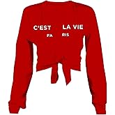 vblane Sexy Tie Front Crop Top for Women Long Sleeve Graphic Tee Shirt Clubwear