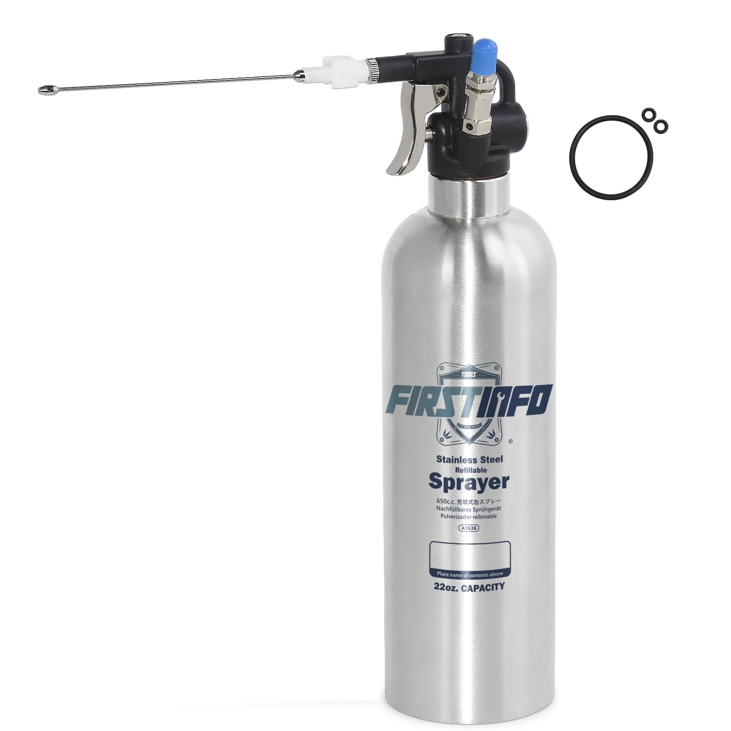 FIRSTINFO A1636 Patented Refillable Brake Cleaner Spray Bottle, 650ml Stainless Steel Pressure Sprayer, Max 110psi, Reusable Aerosol Can, W/Two-Way Nozzle