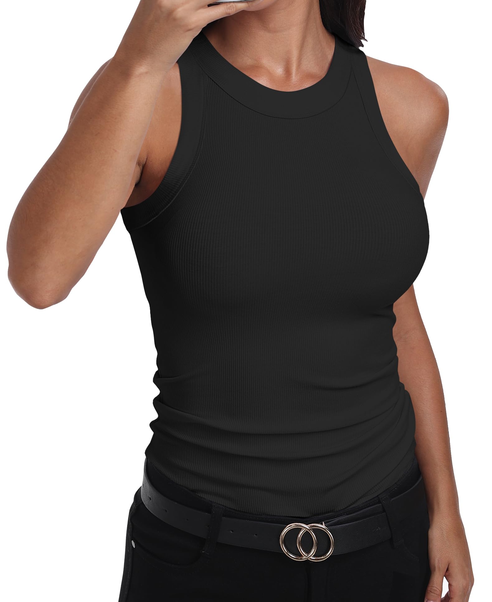 Photo 1 of ****DEODRANT MARKS NEEDS TO BE WASHED*****GEMBERA Womens Sleeveless Racerback High Neck Basic Ribbed Knit Fitted Tank Top Black L