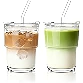 INSETLAN 13oz Portable Glass Tumblers Set of 2, Thick Wall Glass Cups with Lid and Glass Straw, On-the-Go Coffee Cups for Ice