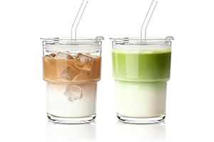 INSETLAN 13oz Portable Glass Tumblers Set of 2, Thick Wall Glass Cups with Lid and Glass Straw, On-The-Go Coffee Cups for Ice