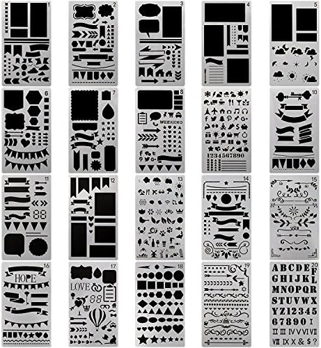 Bullet Journal Stencil,20 Pieces 4x7Inch Plastic Planner Stencils Different Design for Journal/Notebook/Diary/Scrapbook DIY Drawing Template Stencil,White