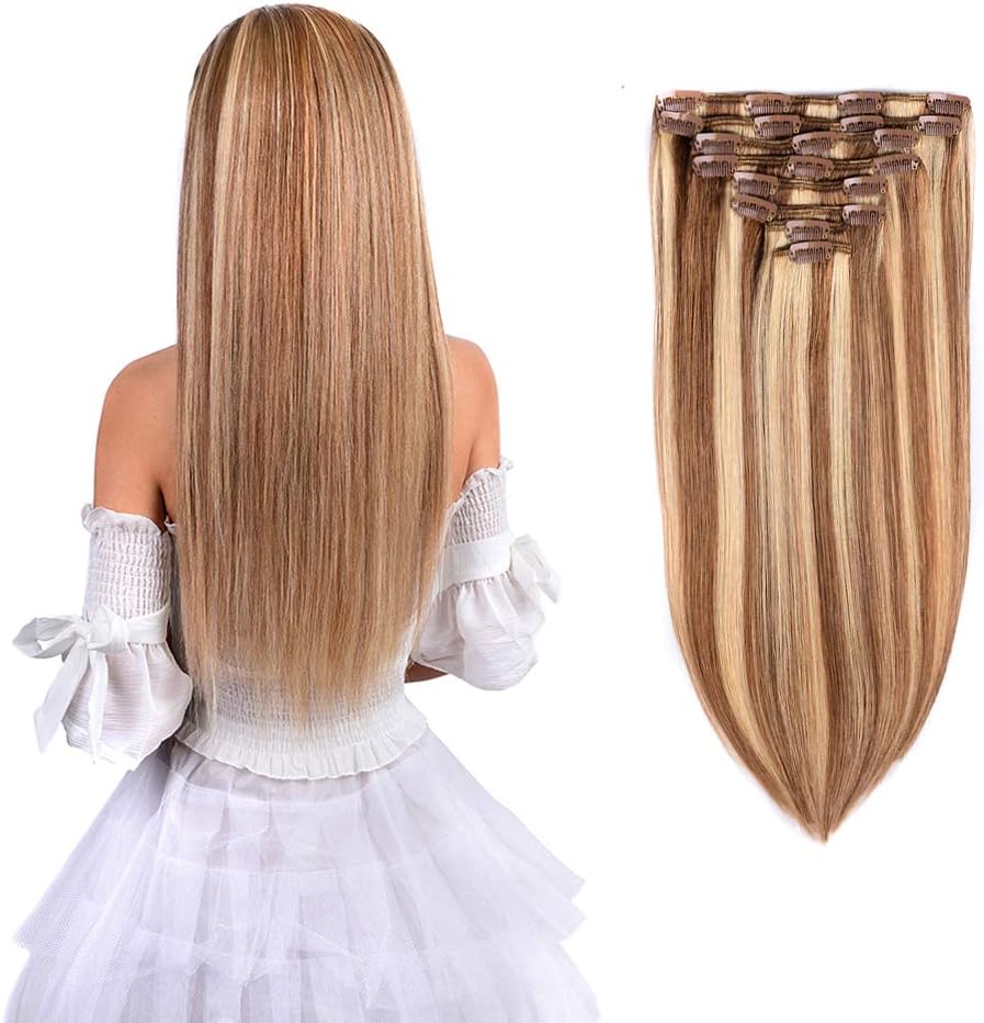 14" Remy Clip in Hair Extensions Human Hair #12/613 for Women Beauty - Short Silky Straight 8pcs 20clips Real Hair Extensions Clip in Human Hair (14 inches 100g #12/613 Golden Brown Mix Bleach Blonde)