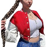 qfmqkpi Women Color block Crop Fleece Baseball Jacket Button Down Bomber Coats Sweatshirt
