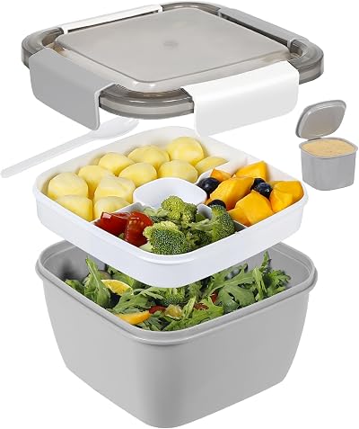 Greentainer 52 OZ to Go Salad Container Lunch Box BPA-Free 3-Compartment Grey