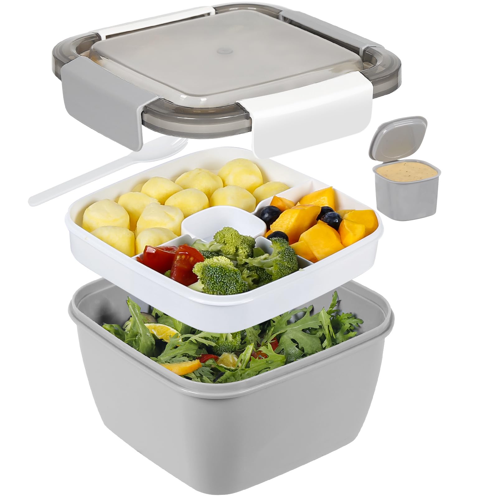 Greentainer 52 OZ to Go Salad Container Lunch Box, BPA-Free, 3-Compartment for Salad Toppings and Snacks Bowl with Dressing Container, Built-in Reusable Spoon, Microwave Safe(Grey)